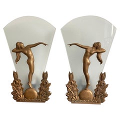 Pair of Danish Bronze and Frosted Glass Art Deco Wall Scones