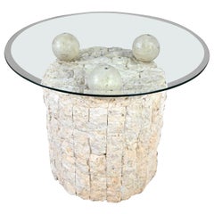 Vintage Postmodern Rnd Tessellated Mactan Stone Side Table 3 Sphere Style Maitland Smith