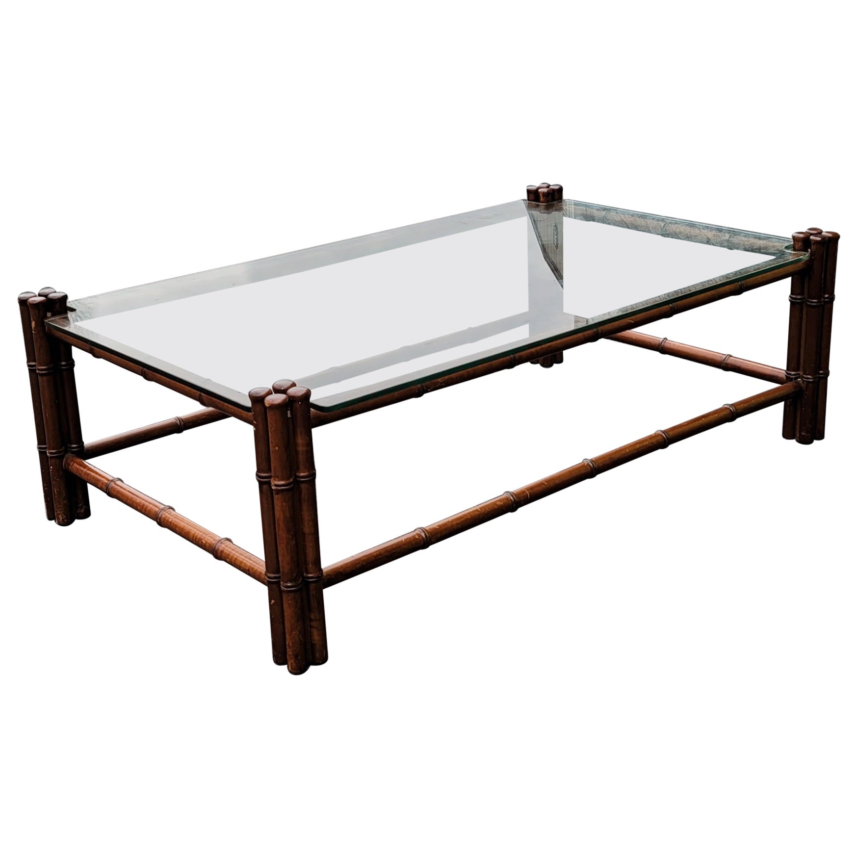 Regency Style Faux Bamboo Mahogany  Glass Top Cocktail Table Coffee Table For Sale