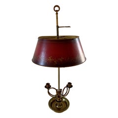 Mid-20th Century Brass Three-Arm Horn Bouillotte Lamp with Red Tole Shade