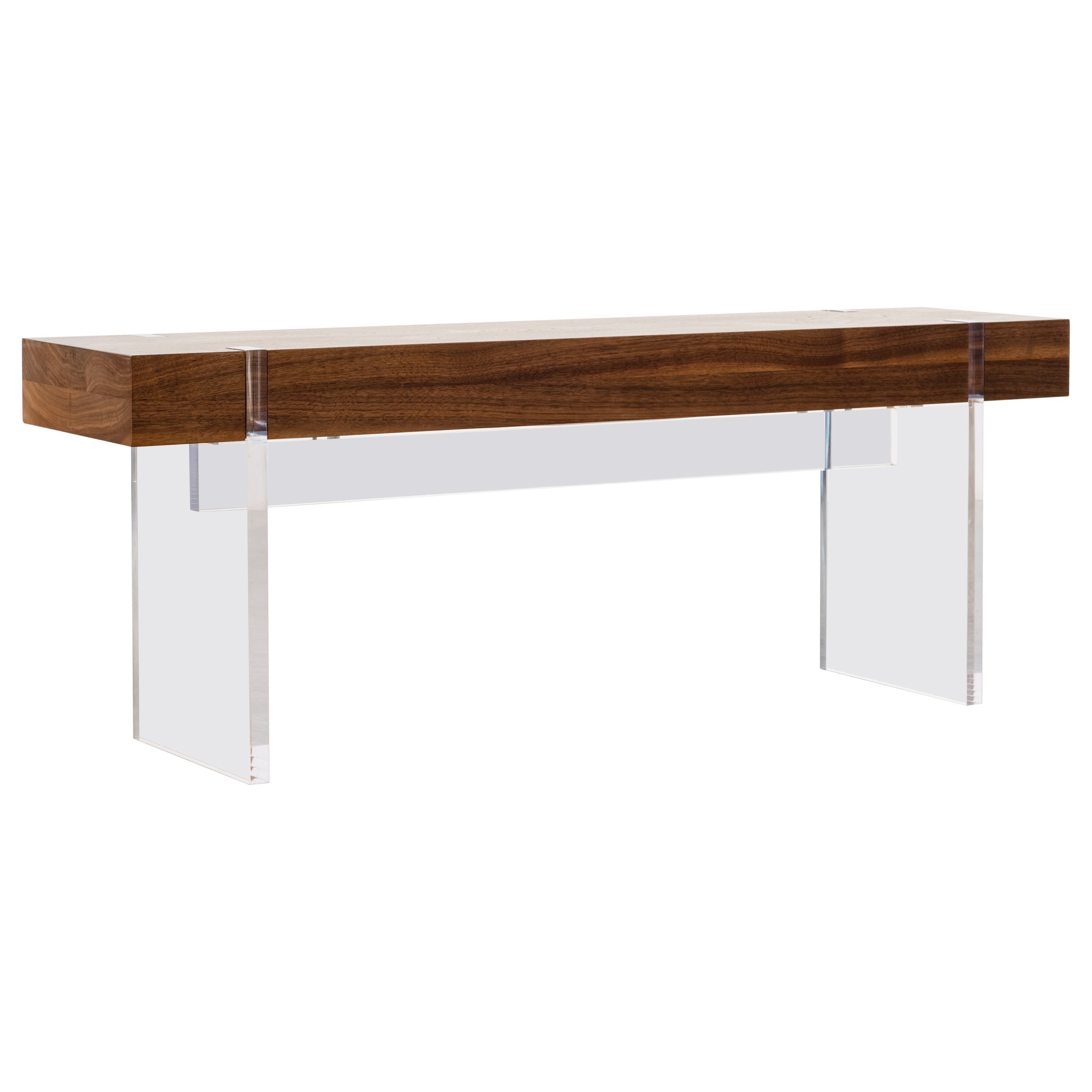 Tillikum Walnut Bench With Clear Acrylic Legs by Autonomous Furniture For Sale