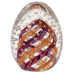 Murano Blue Orange Ribbons Controlled Bubbles Italian Art Glass Egg Paperweight