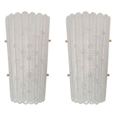 Large White Murano Glass Mid-Century Modern Sconces, Mazzega Style, a Pair