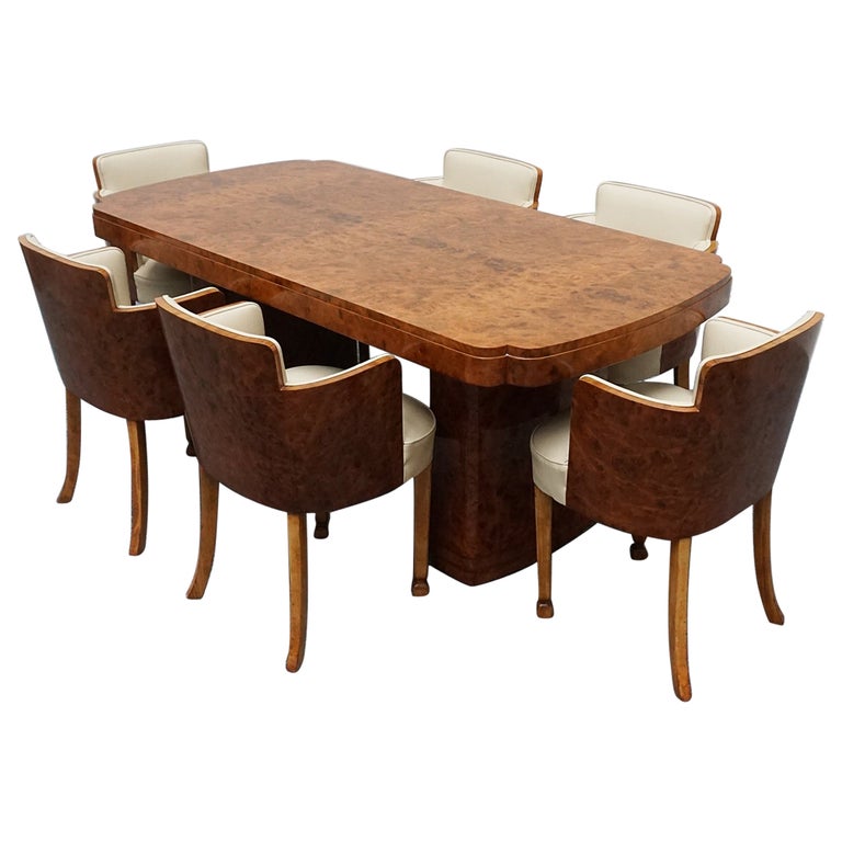 Original Burr Walnut and Leather EnglisArt Deco Six Seat Dining Suite