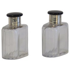 Antique Crystal Glass PAIR Cologne or Perfume Bottles Sterling Silver Tops Art Deco 1923