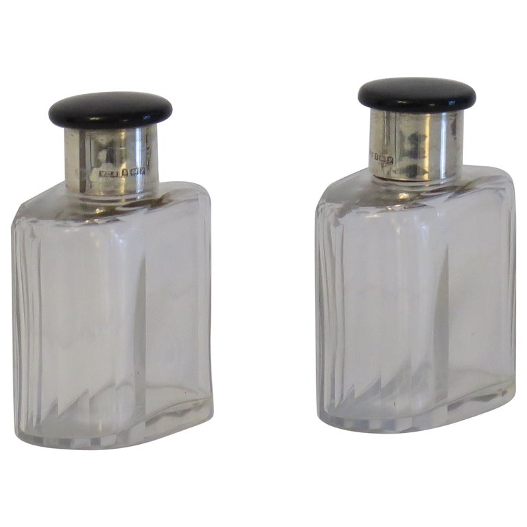 Crystal Glass PAIR Cologne or Perfume Bottles Sterling Silver Tops Art ...