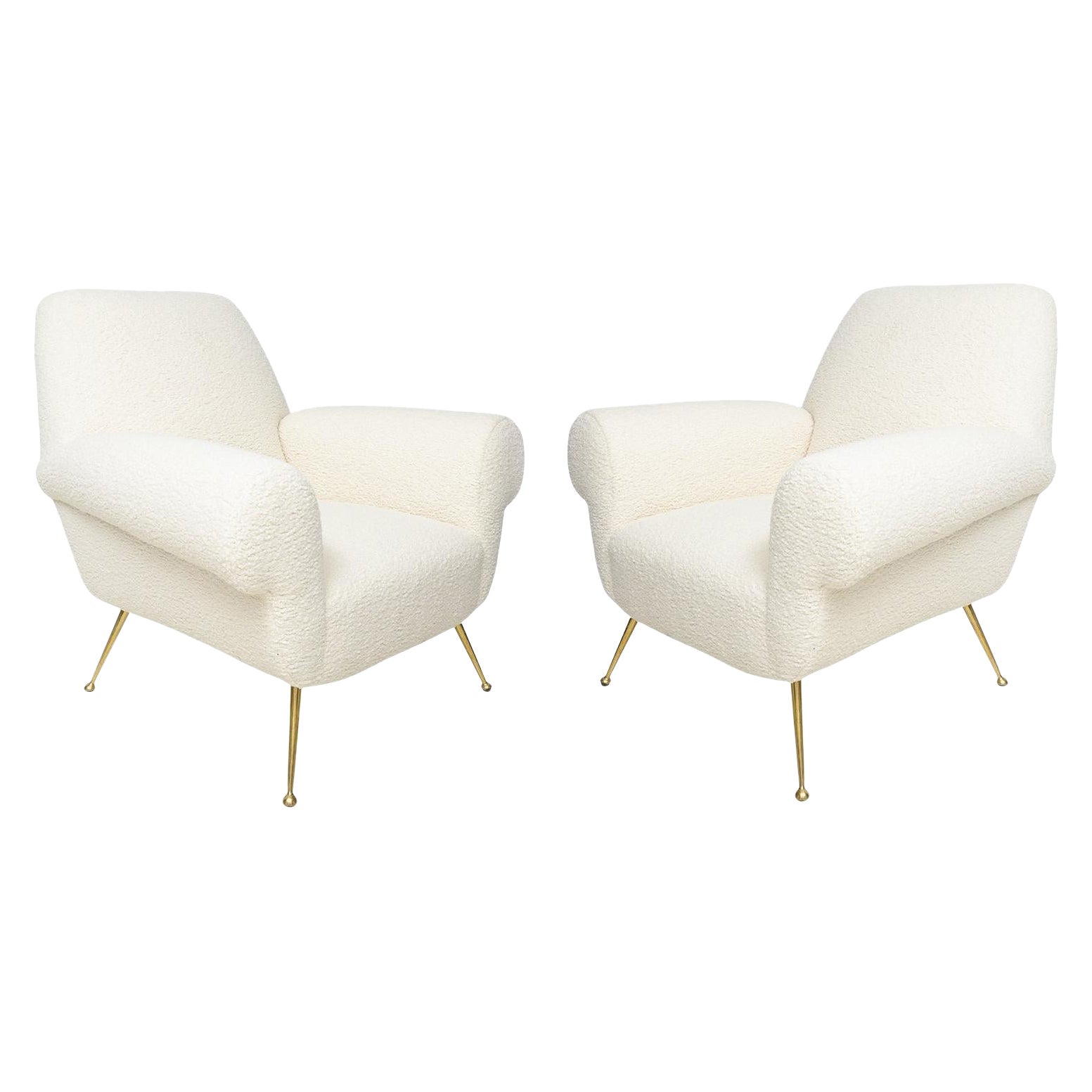 Pair of Italian-Mid-Century Lounge Chairs Upholstered in Boucle For Sale