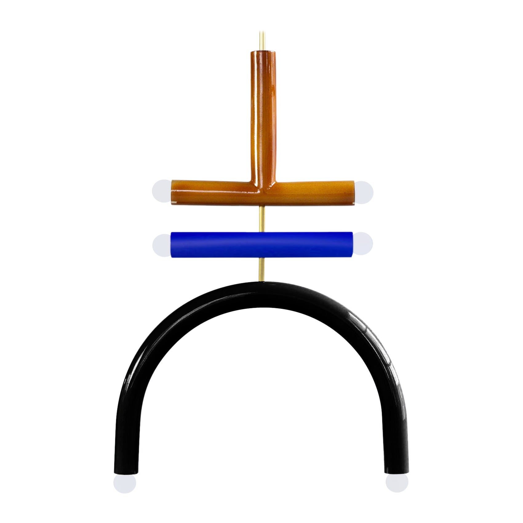 Ceramic Pendant Lamp 'TRN F2' by Pani Jurek, Brass Rod, Ochre, Blue and Black For Sale