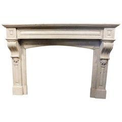Fireplace mantle in white Carrara marble, geometric carved, 19th century France