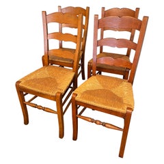 Matched Set of Four Oak Ladder Back Rush Dining Chairs