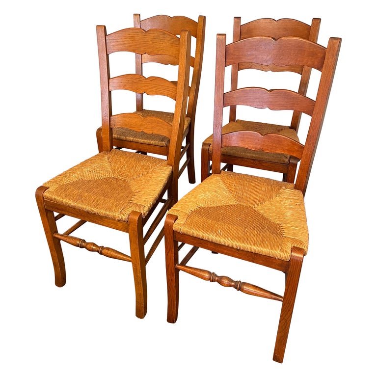 Matched Set of Four Oak Ladder Back Rush Dining Chairs For Sale at 1stDibs
