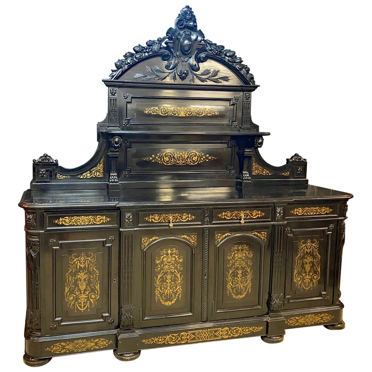 Rare Large Sideboard in Blackened Pear with Inlaid Brass Decorations, Napoleon 3 For Sale