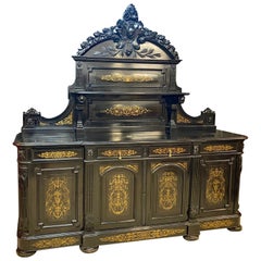 Rare Large Sideboard in Blackened Pear with Inlaid Brass Decorations, Napoleon 3