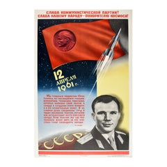 Original Vintage Soviet Propaganda Poster Gagarin Space Flight Cosmonaut USSR