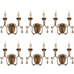 Vintage Six Two-Arm Italian Style Carved Wood and Tole Sconces with Lovely Worn Patina