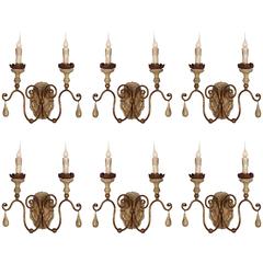 Six Two-Arm Italian Style Carved Wood and Tole Sconces with Lovely Worn Patina 2