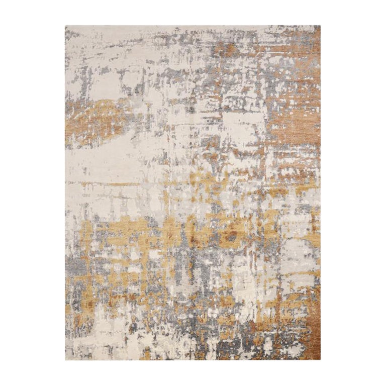 Abstract Handmade Silk and Wool Rug Grey and Brown Design For Sale at