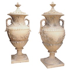 Pair of Tall and Decorative French Cast 3-Piece Lidded Garden Urns with Handles