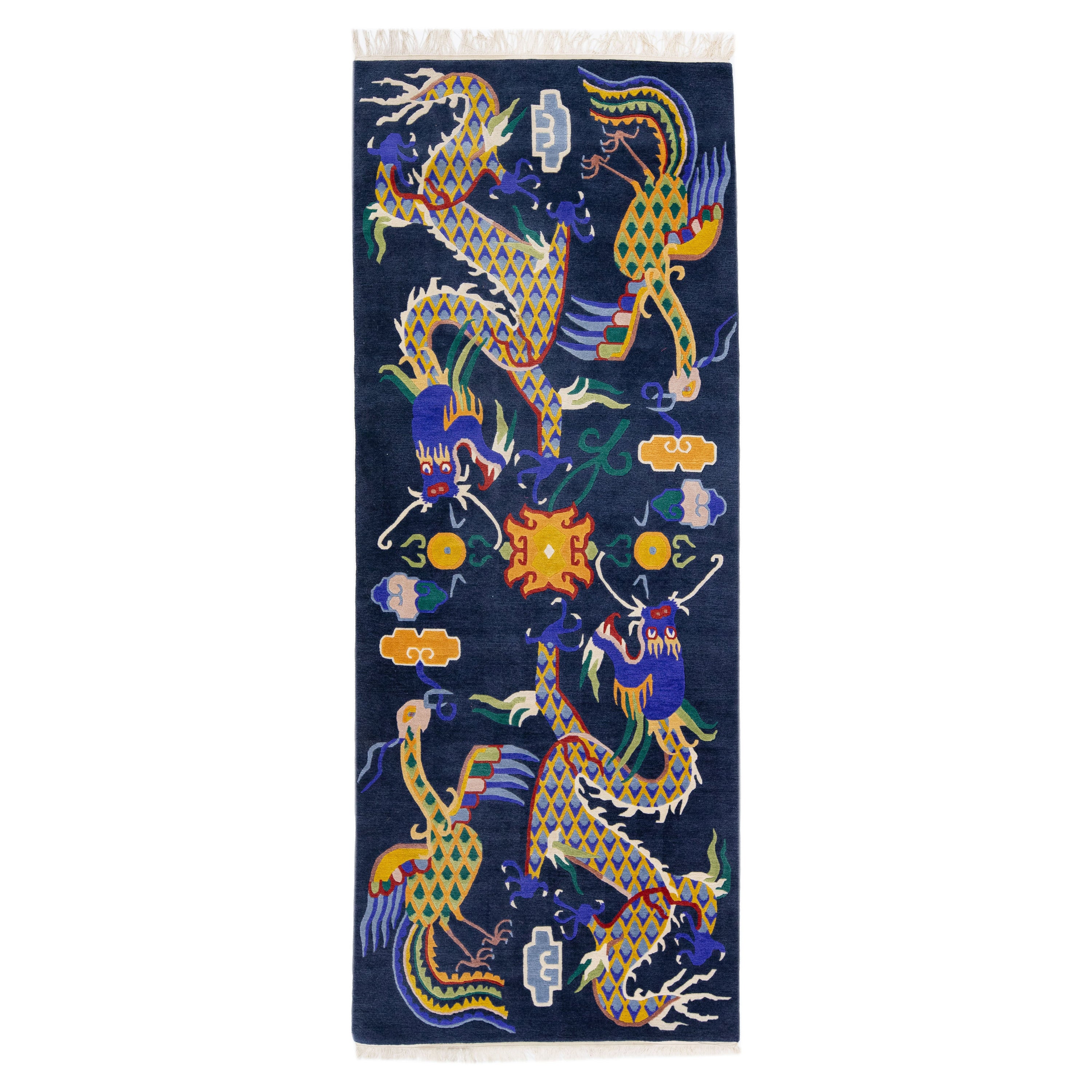 Chinesischer Vintage Peking Blau Handgefertigter Wollteppich mit Mullticolor Drachenmotiv im Angebot