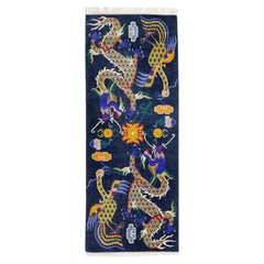 Chinese Retro Peking Blue Handmade Wool Rug with Mullticolor Dragon Motif