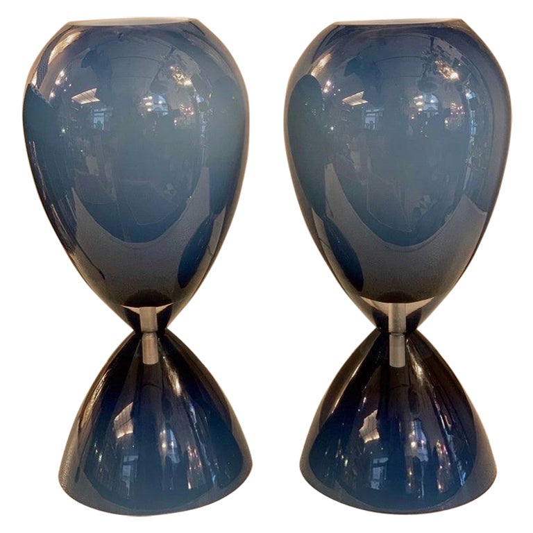 Pair of Blue Overlay Blown Glass Murano Hourglass Table Lamps, 1950s For Sale