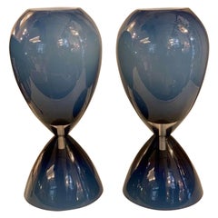 Pair of Blue Overlay Blown Glass Murano Hourglass Table Lamps, 1950s