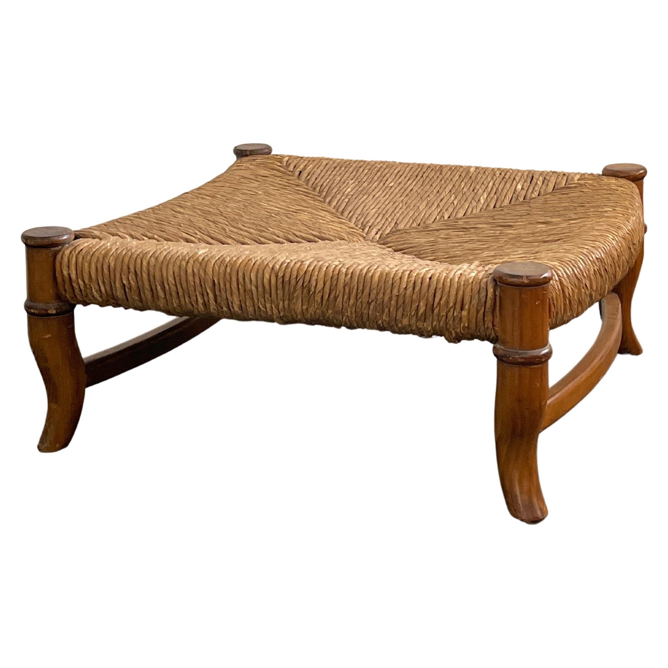 20th Century Hand Woven Wicker and Wood Ottoman For Sale