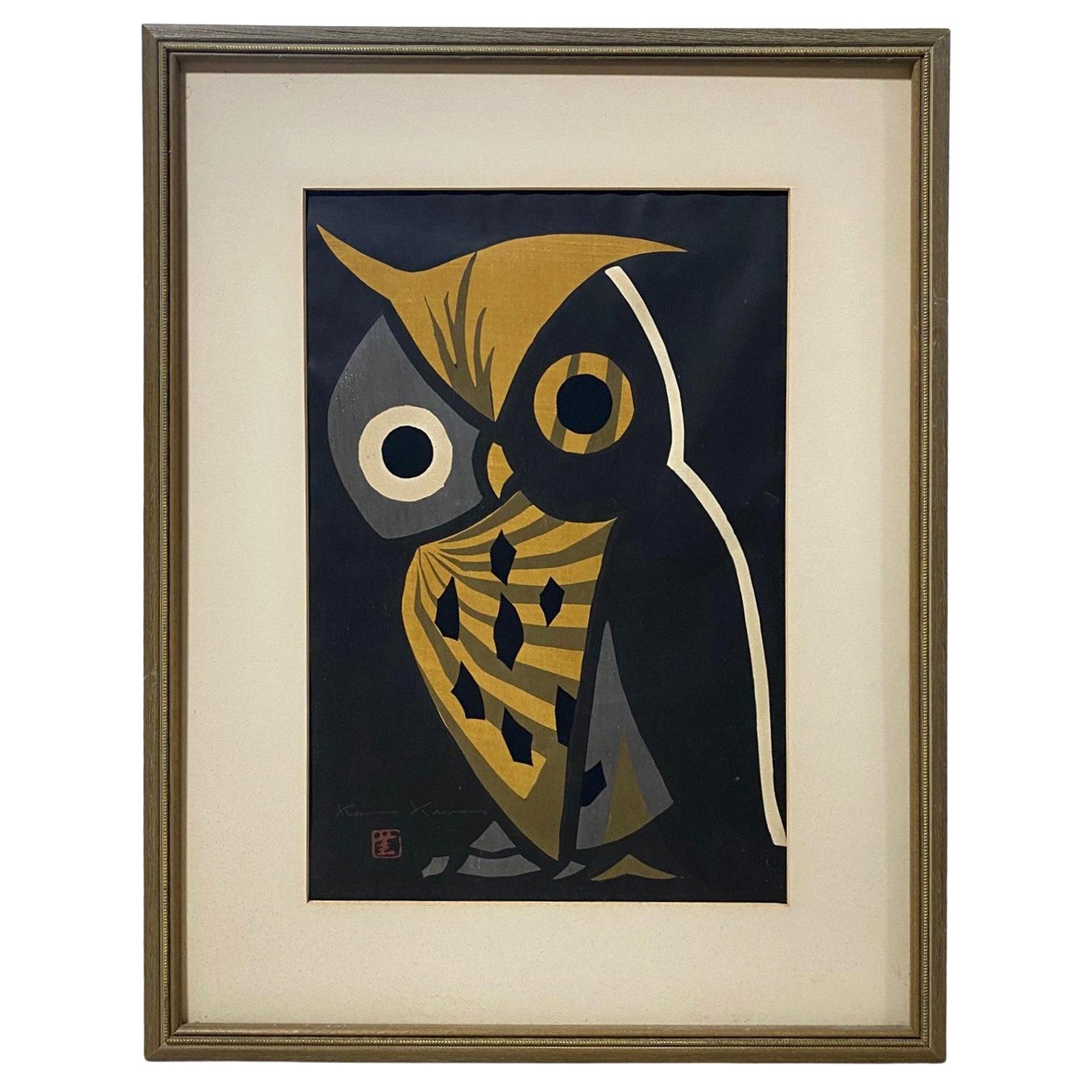Kaoru Kawano Signed Lifetime Edition Japanese Woodblock Print the Big Owl For Sale