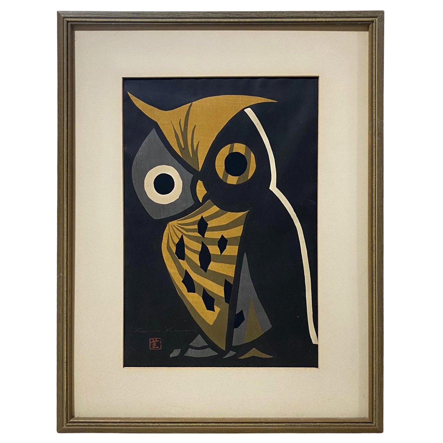 Kaoru Kawano, signierte lebenslange Auflage, Japanischer Holzschnitt mit Holzschnitt „Die große Eule“