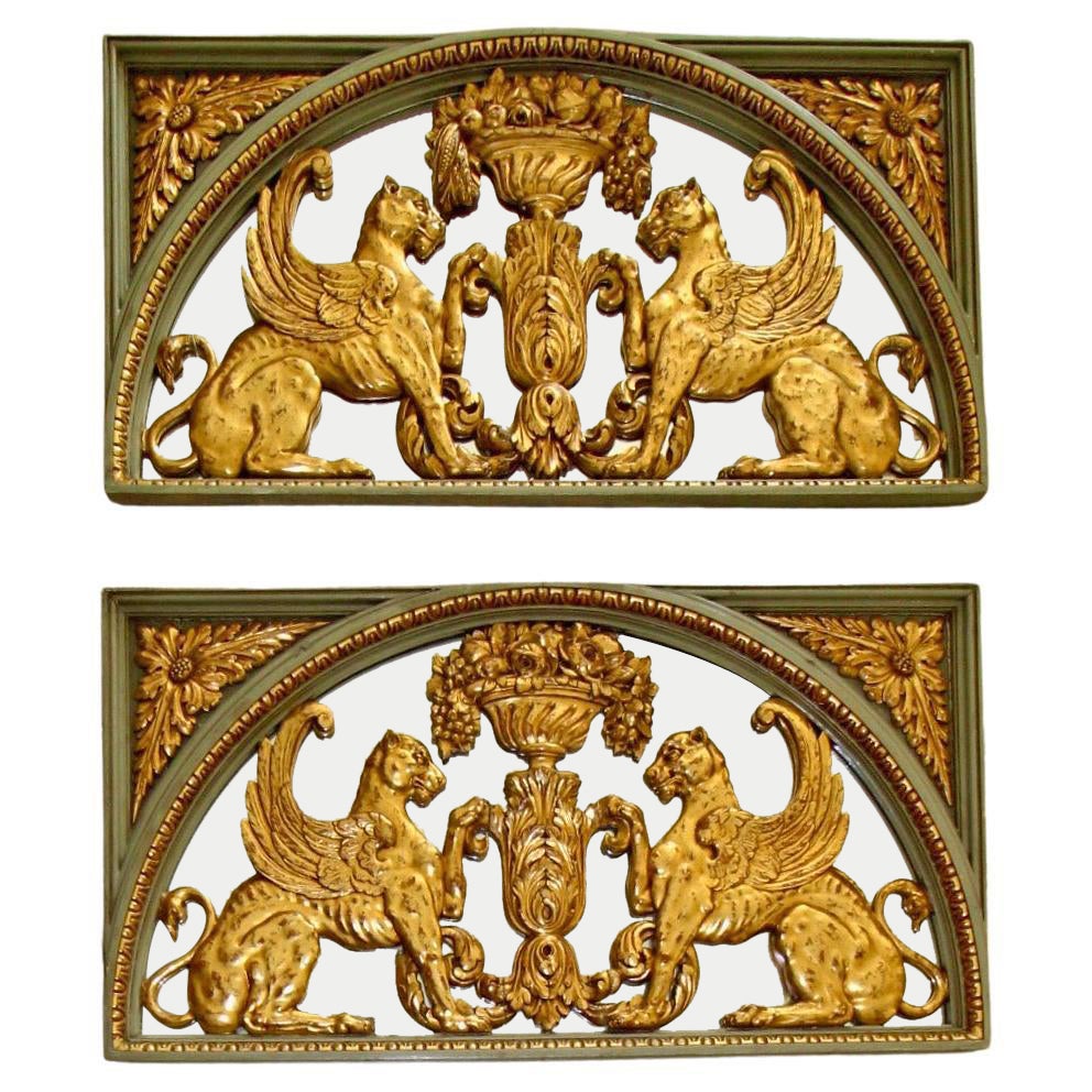 Pair French Griffin Lion Architectural Giltwood Boiserie Panels