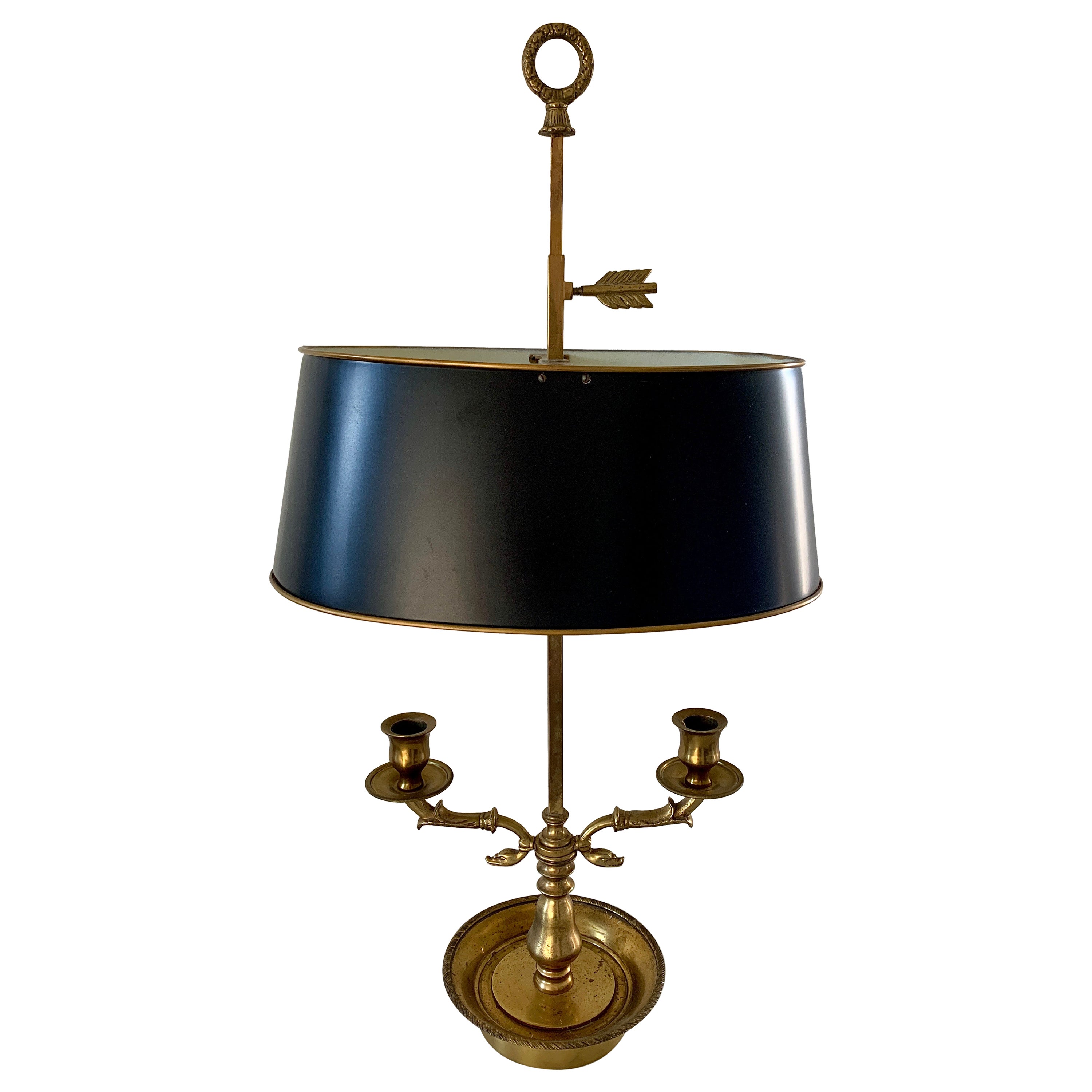 Mid-20th Century Brass Bouillotte Double Dolphin Lamp with Black Tole Shade