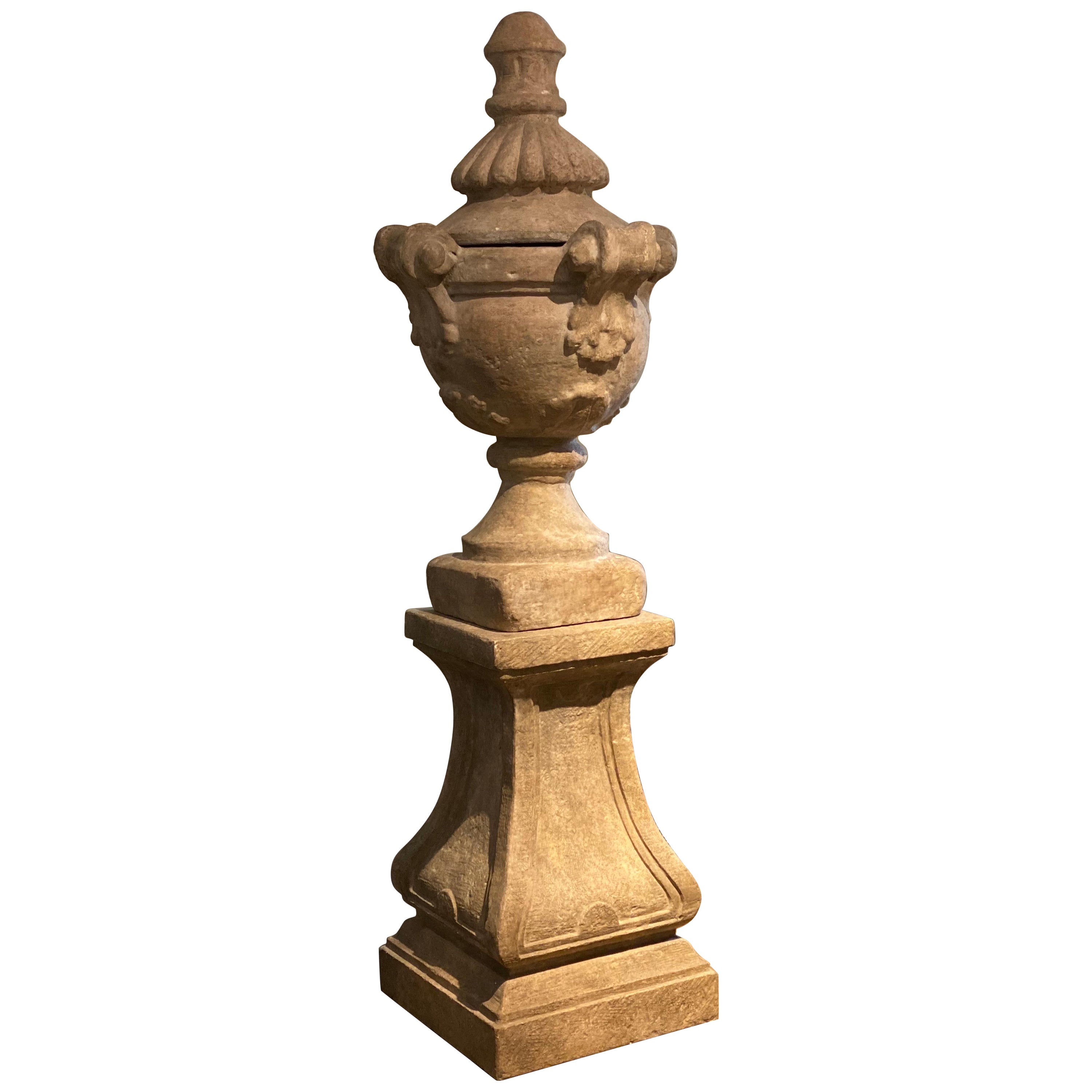 Monumental Stone Capped Urn on Pedestal