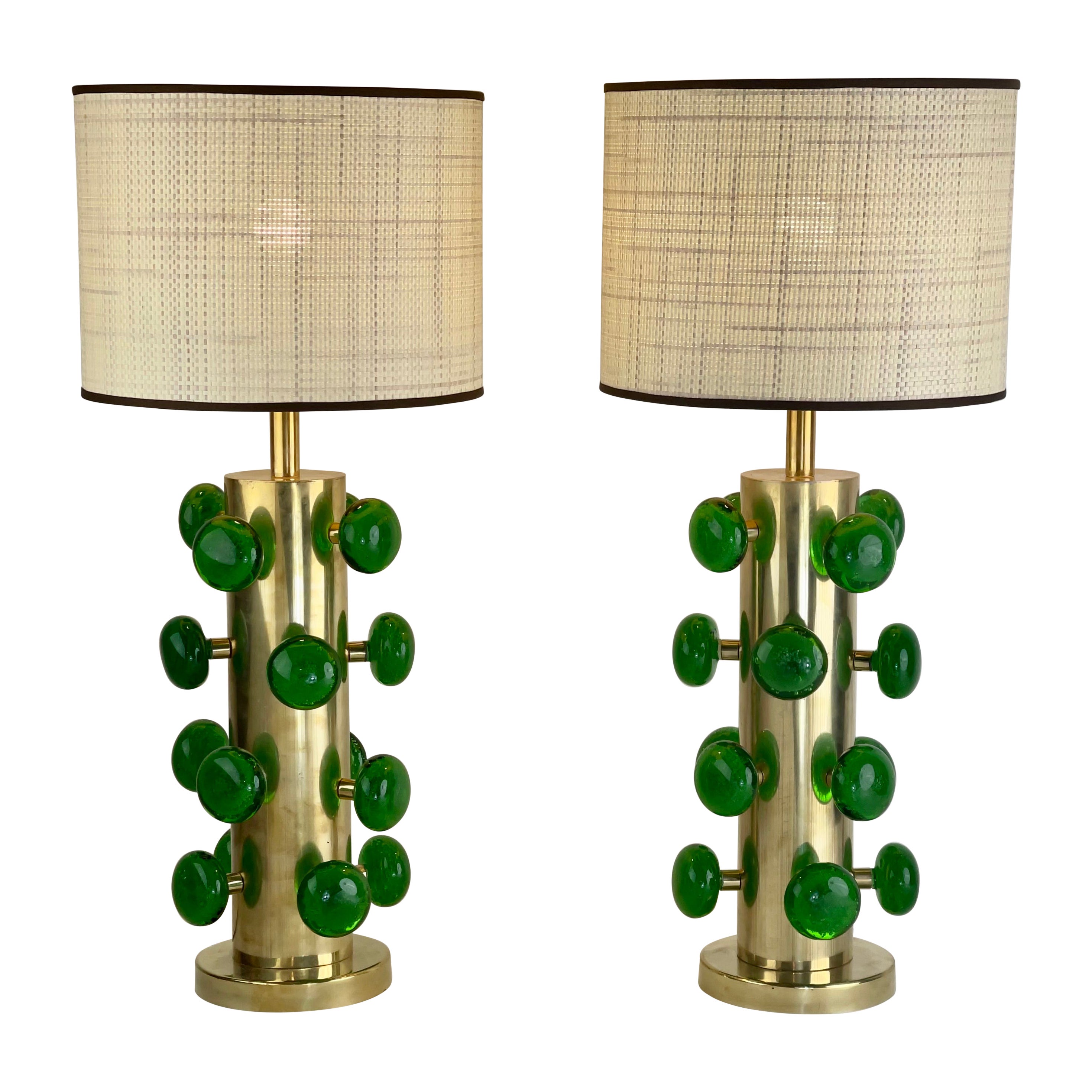 Late 20th Century Pair of Brass & Green Pulegoso Murano Glass Table Lamps