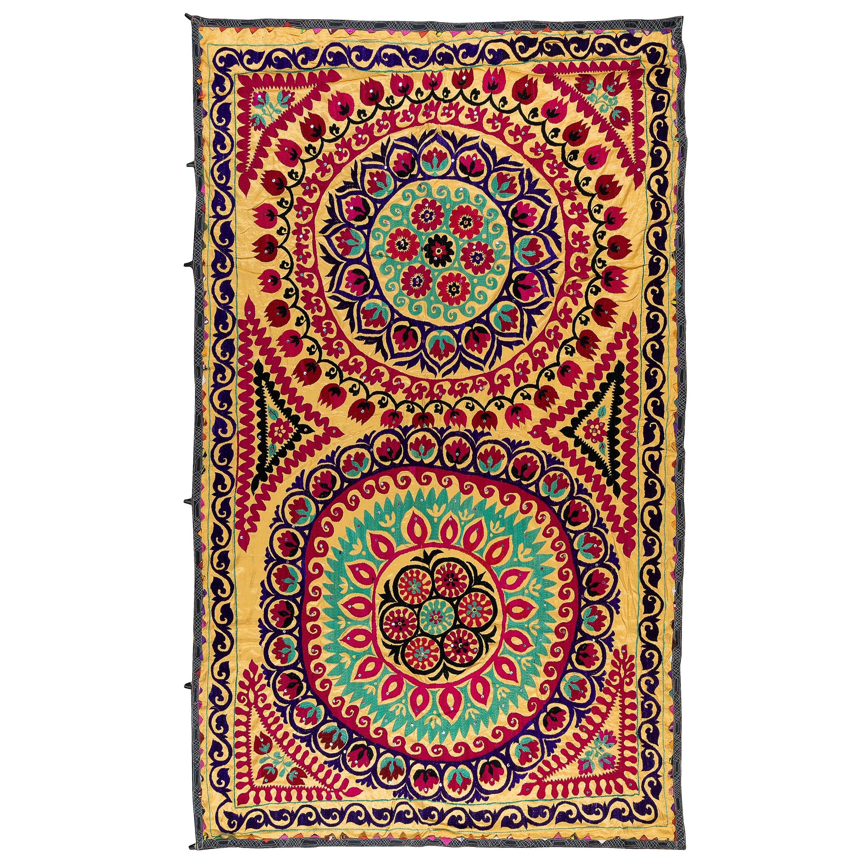 5x7.7 Ft Vintage Silk Embroidery Bed Cover, Uzbek Suzani Fabric Wall Hanging For Sale
