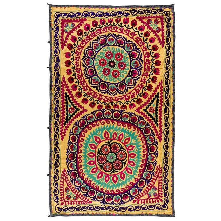5x7.7 Ft Vintage Silk Embroidery Bed Cover, Uzbek Suzani Fabric Wall