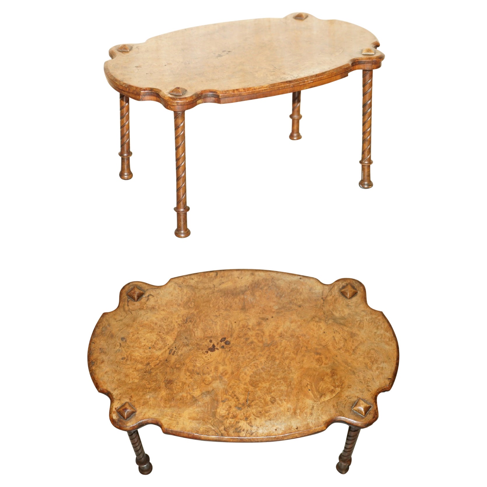 Exquisitely Hand Carved Burr Walnut Coffee Cocktail Table Lovely Turned Legs For Sale