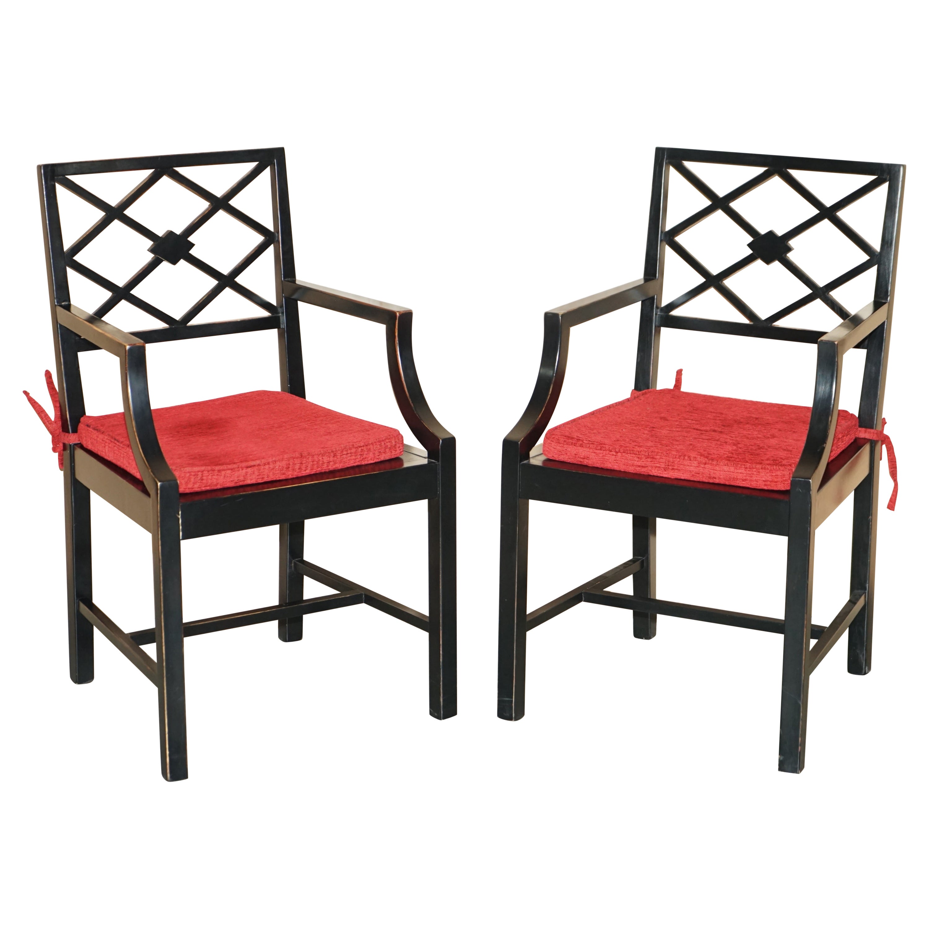 Pair of Vintage Chinese Thomas Chippendale Style Ebonised Aged Side Chairs For Sale