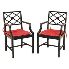 Pair of Used Chinese Thomas Chippendale Style Ebonised Aged Side Chairs