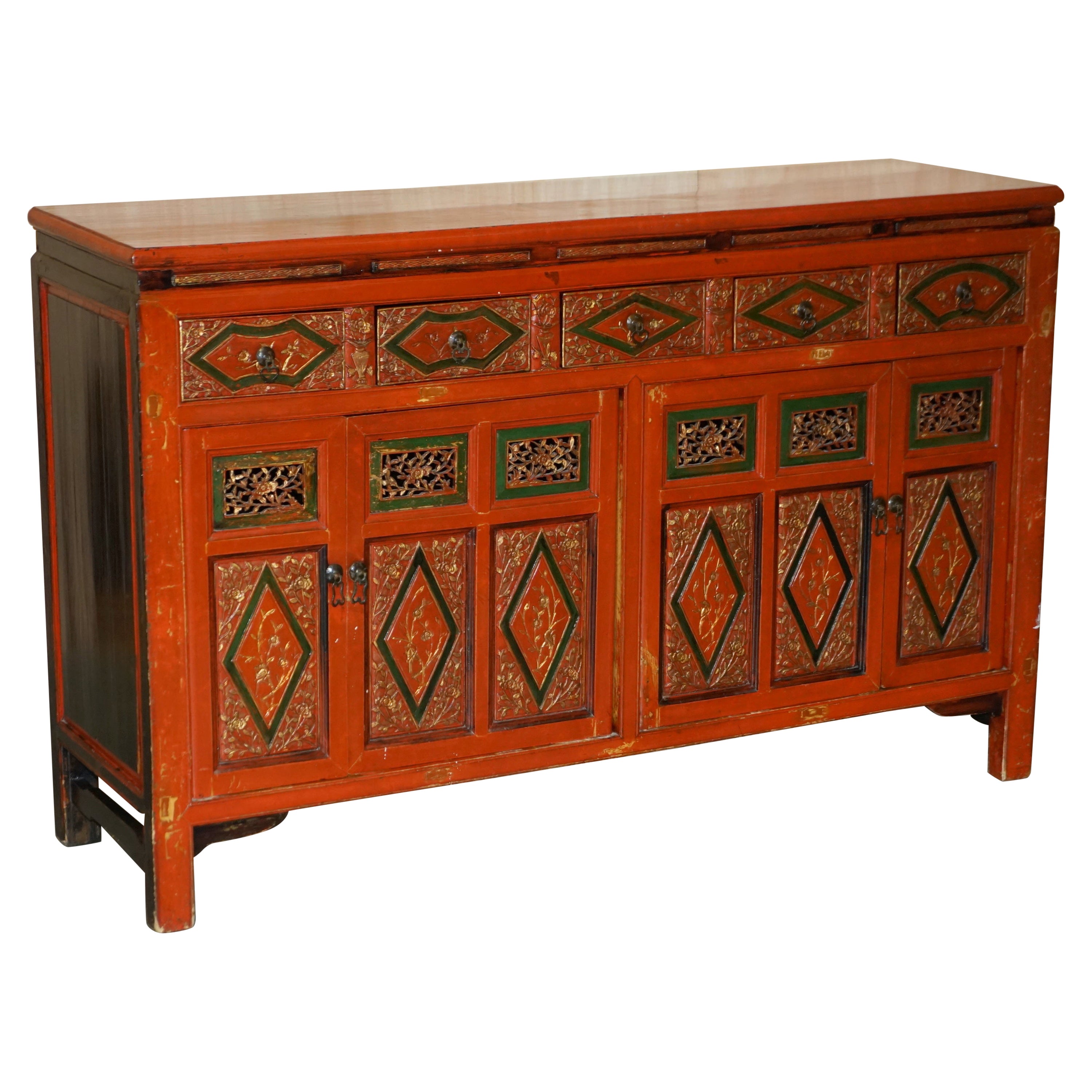 Decorative Vintage Chinese Gold Leaf Floral Painted and Lacquered Sideboard For Sale