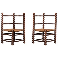 Pair Oversized 19th C French Oak Bobbin Chairs