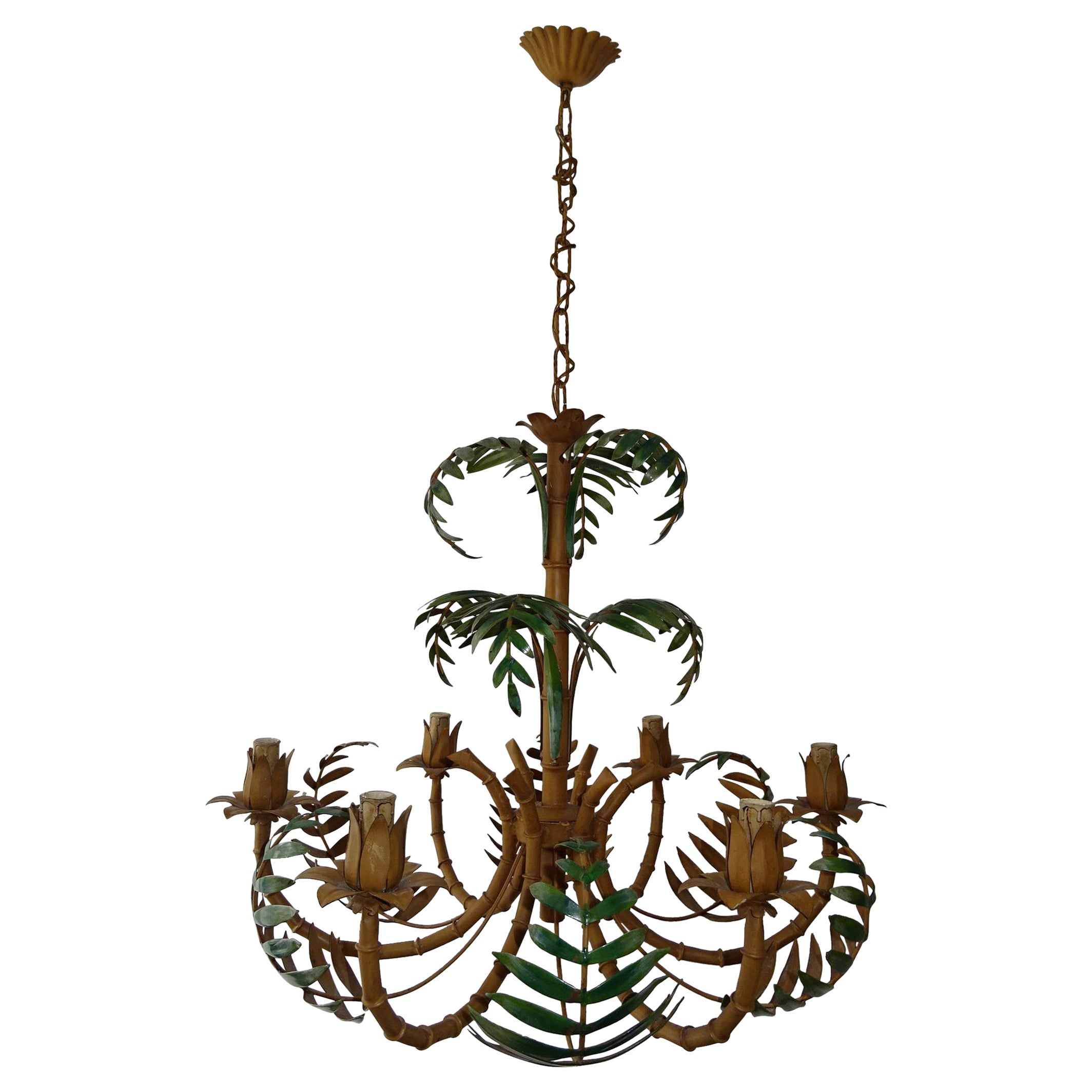1950 French Tole Palm Tree 6 Light Chandelier Rare Big Size For Sale