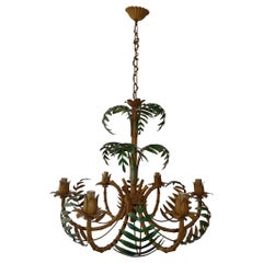 Vintage 1950 French Tole Palm Tree 6 Light Chandelier Rare Big Size