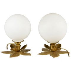 Vintage Set of 2 Floral Tablelamps in Brass and Frosted Glass, France