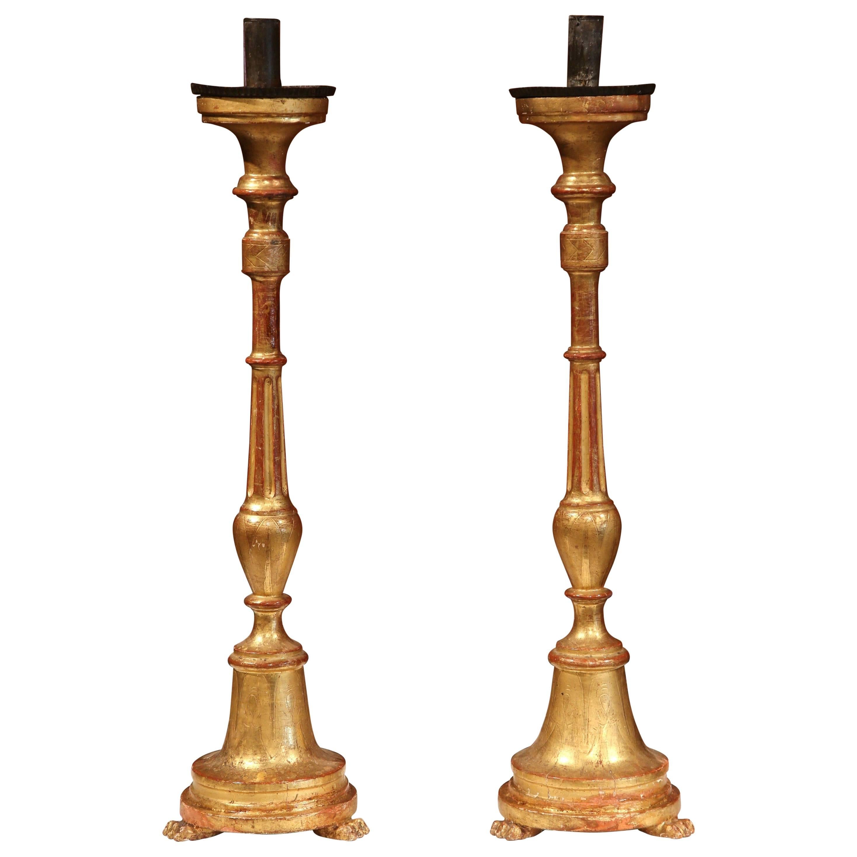 Pair of 19th Century Italian Hand-Carved Wooden Gold Leaf Altar Candlesticks