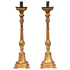 Pair of 19th Century Italian Hand-Carved Wooden Gold Leaf Altar Candlesticks
