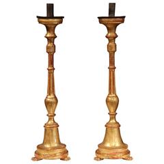 Antique Pair of 19th Century Italian Hand-Carved Wooden Gold Leaf Altar Candlesticks