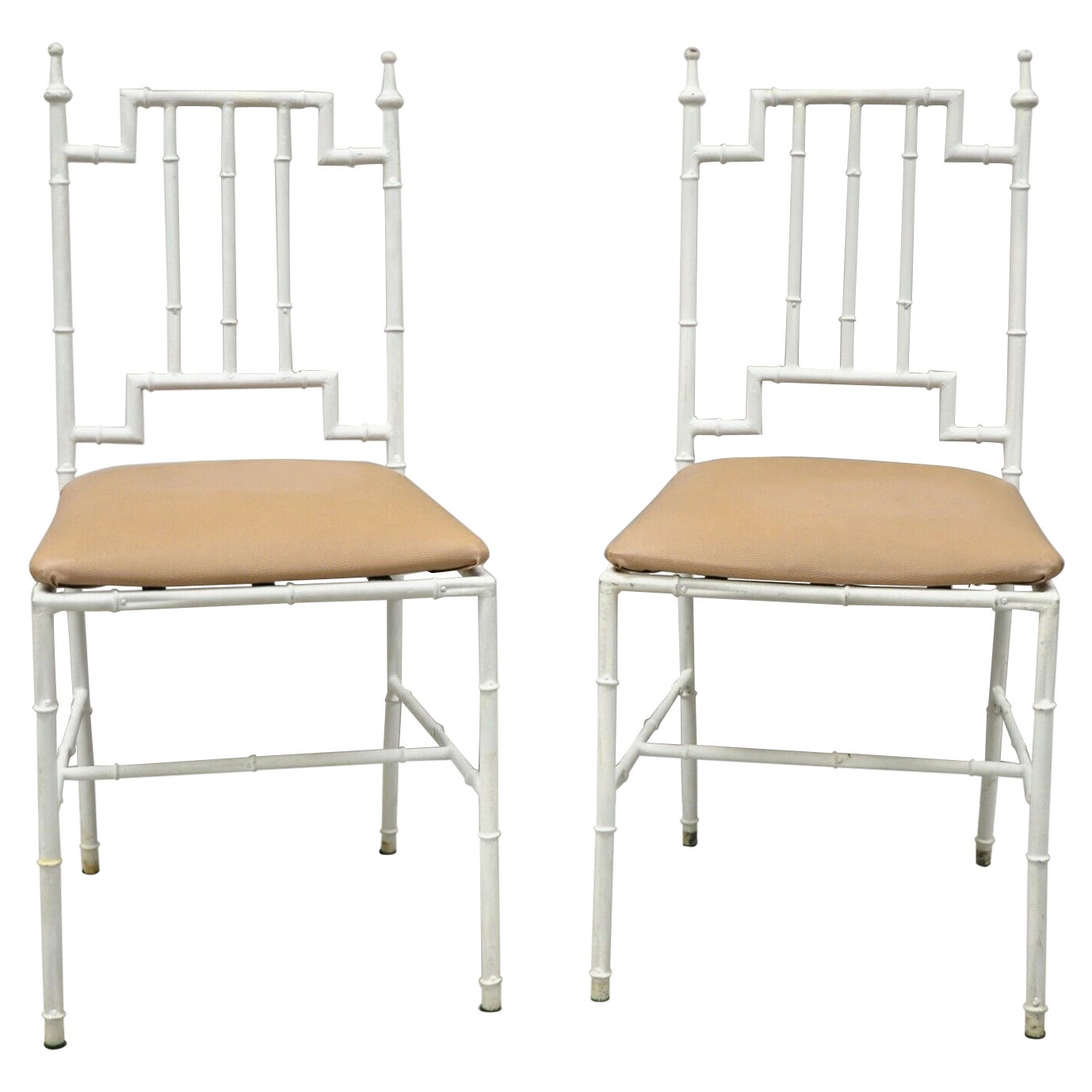 Pair of Italian Hollywood Regency White Faux Bamboo Metal Accent Side Chairs For Sale