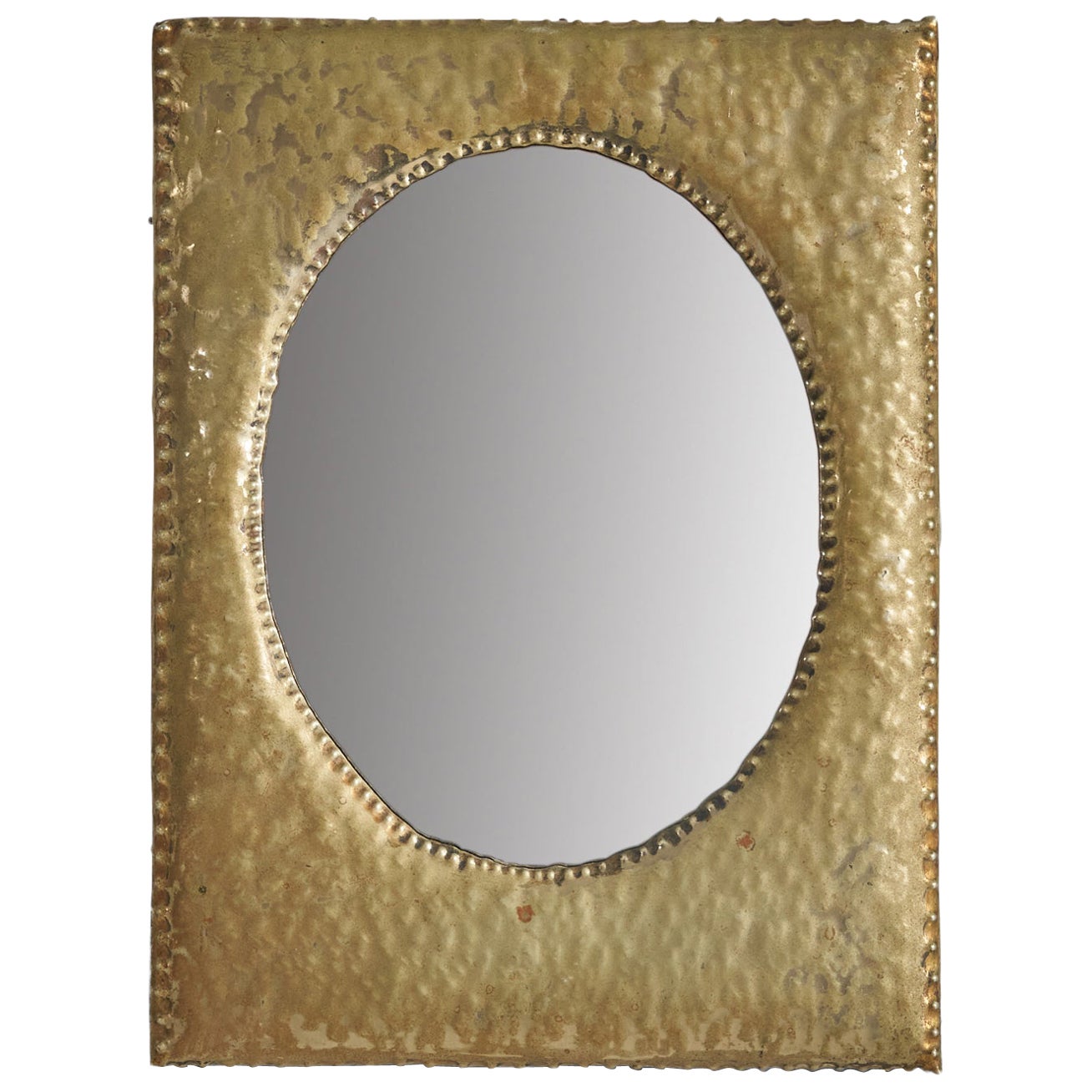 Italian Designer, Small Table or Wall Mirror, Hammered Brass, Italy, 1930s For Sale