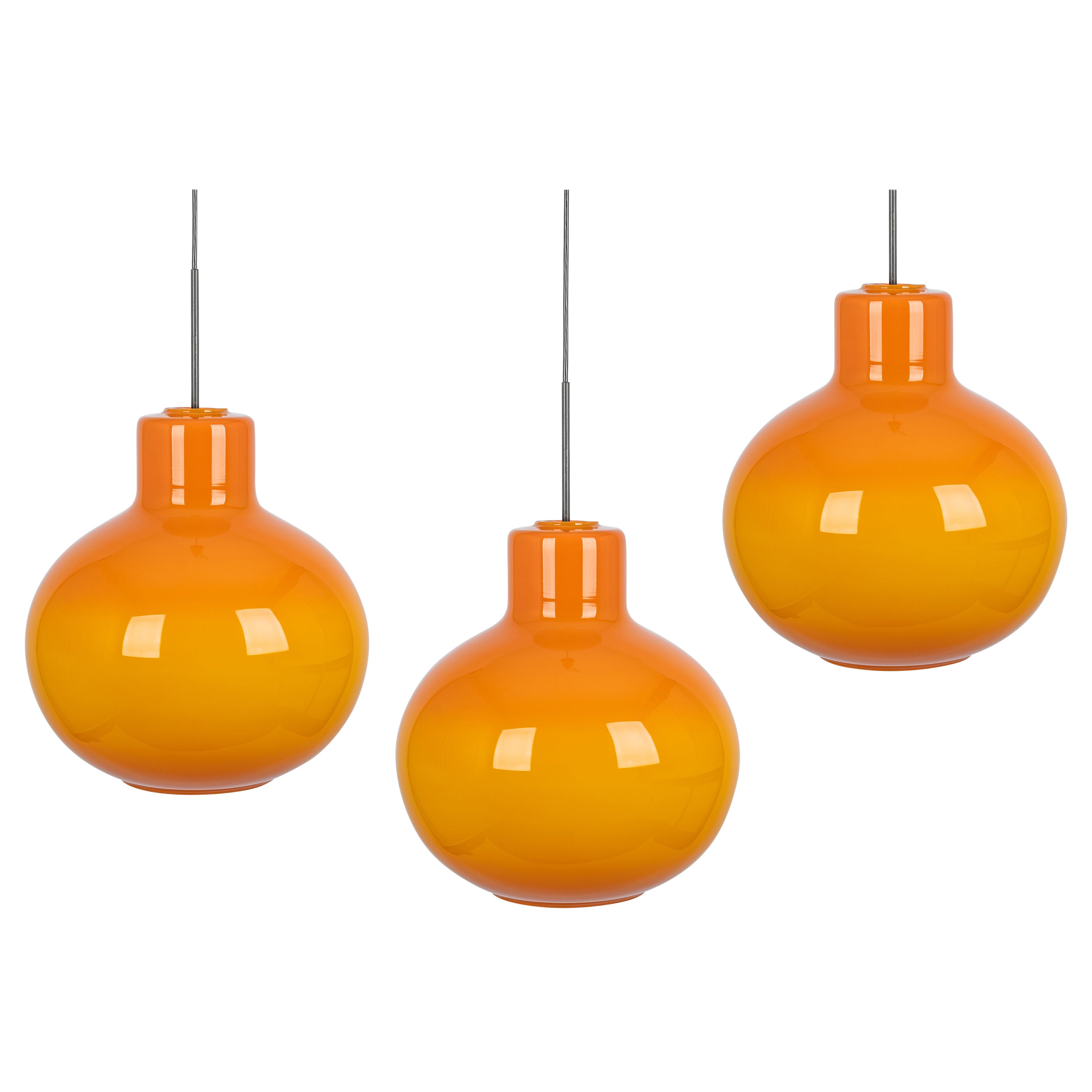 1 of 3 Large Opal Orange Ball Pendant Light by Doria, Germany, 1970s For Sale
