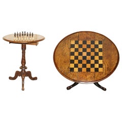 Stunning Antique Burr Walnut Folding Chess Board Table Staunton Chess Pieces Set
